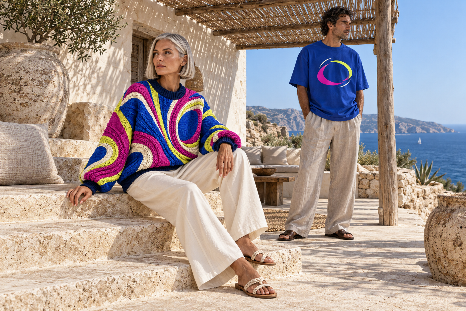 CYPHA: zwei erwachsene Models in Prism Knit und Prism Tee auf hellen Natursteinstufen unter einem Schilfdach
