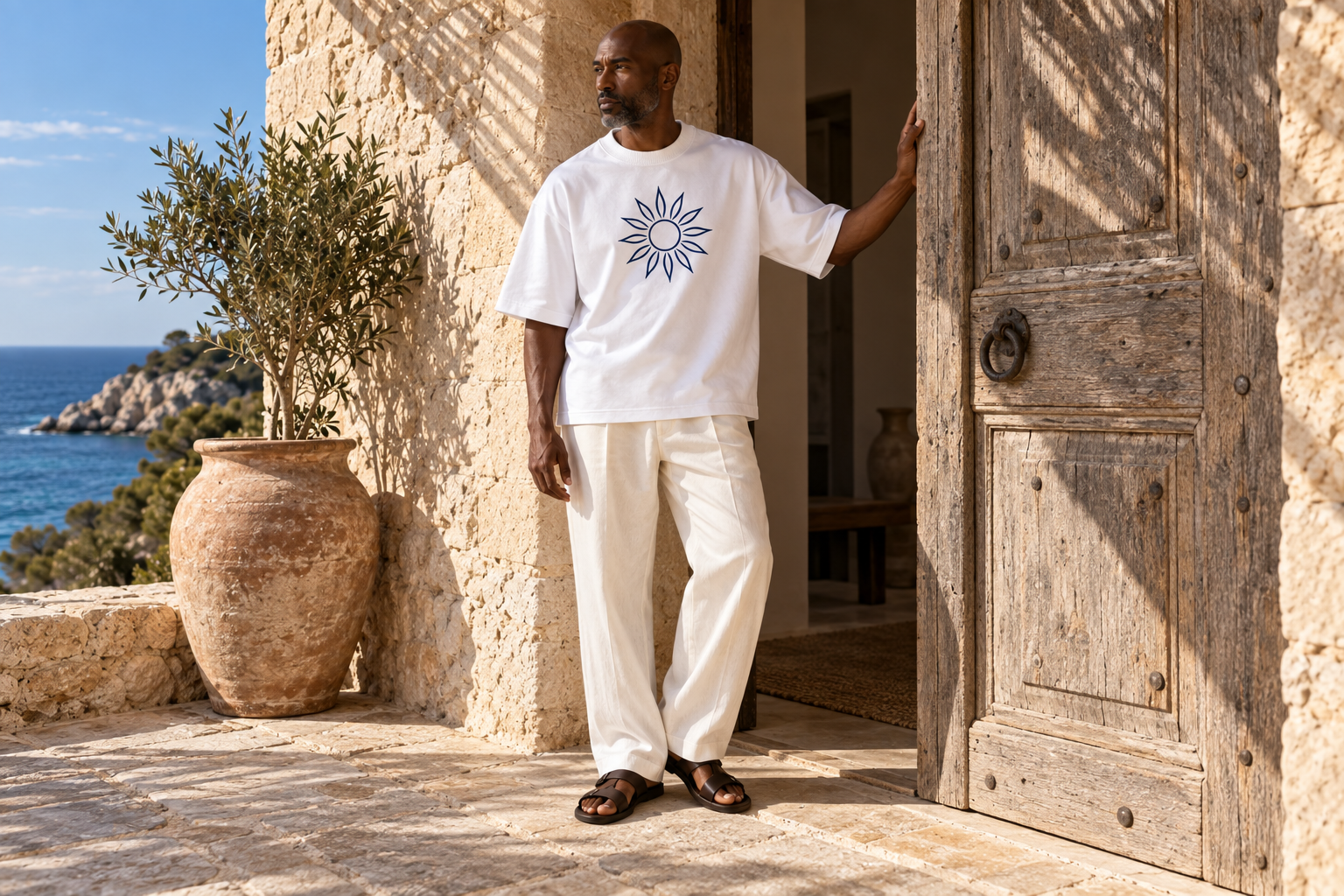 CYPHA: Mann im weißen Solar Heavy Tee mit Navy-Sonnenmotiv an einer alten Holztür am Meer
