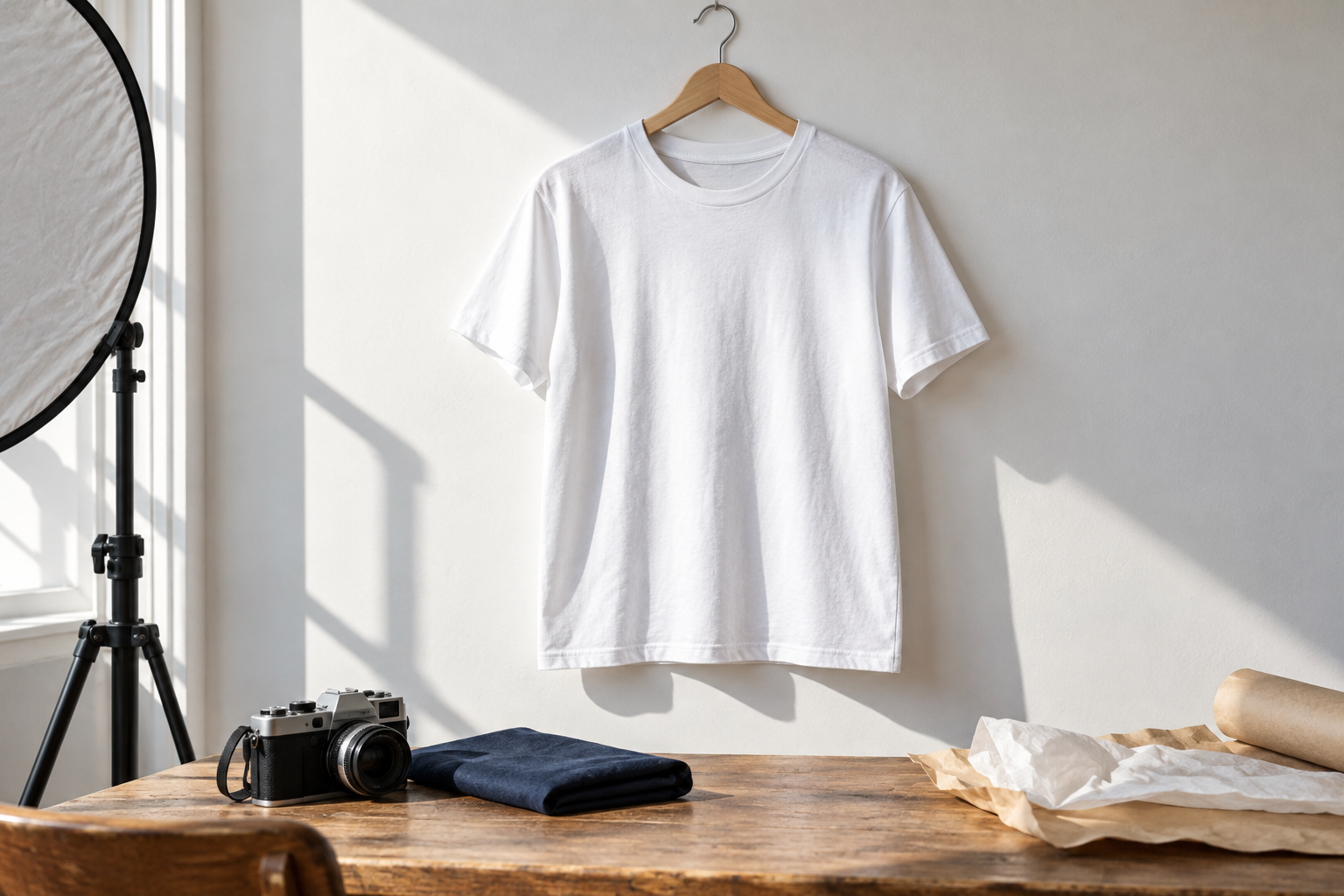 Künstlerische Rekonstruktion der frühen Fotoarbeit: T-Shirt, Kamera und Tageslicht